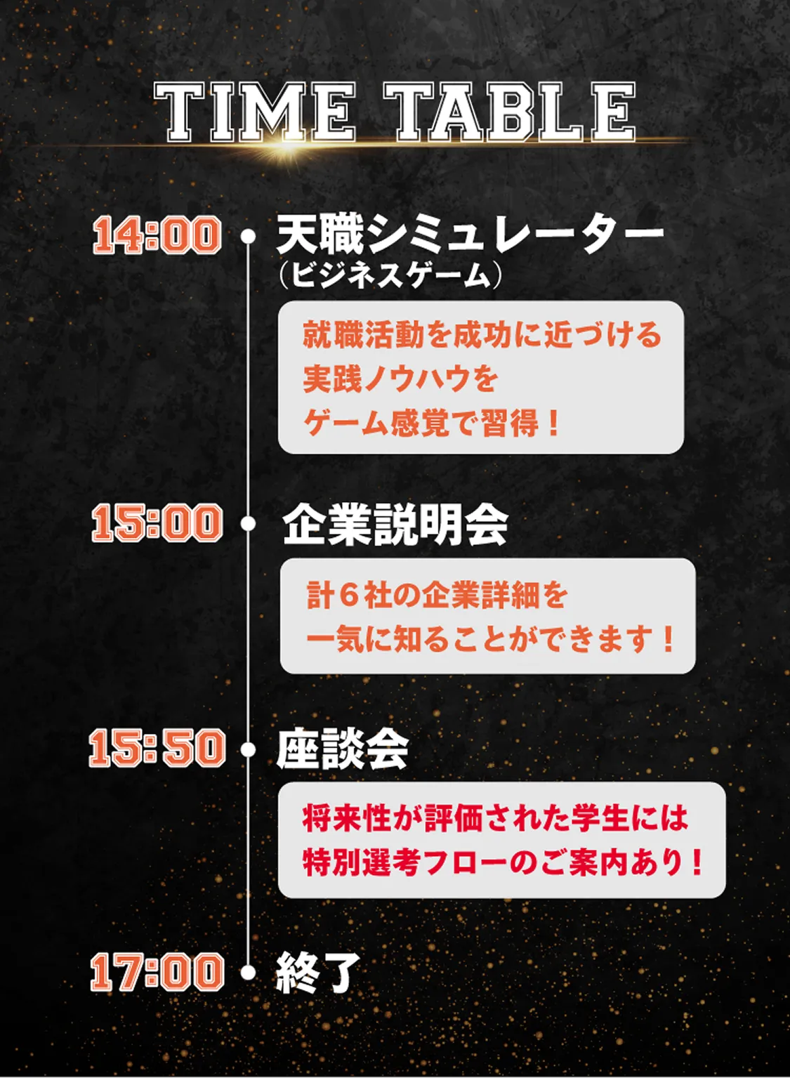 TIME TABLE 14: 00天職シミュレーター就職活動を成功に近づける実践ノウハウをゲーム感覚で習得！ 15: 00企業説明会計6社の企業詳細を一気に知ることができます！ 15: 50座談会将来性が評価された学生には特別選考フローのご案内あり！ 17: 00 終了