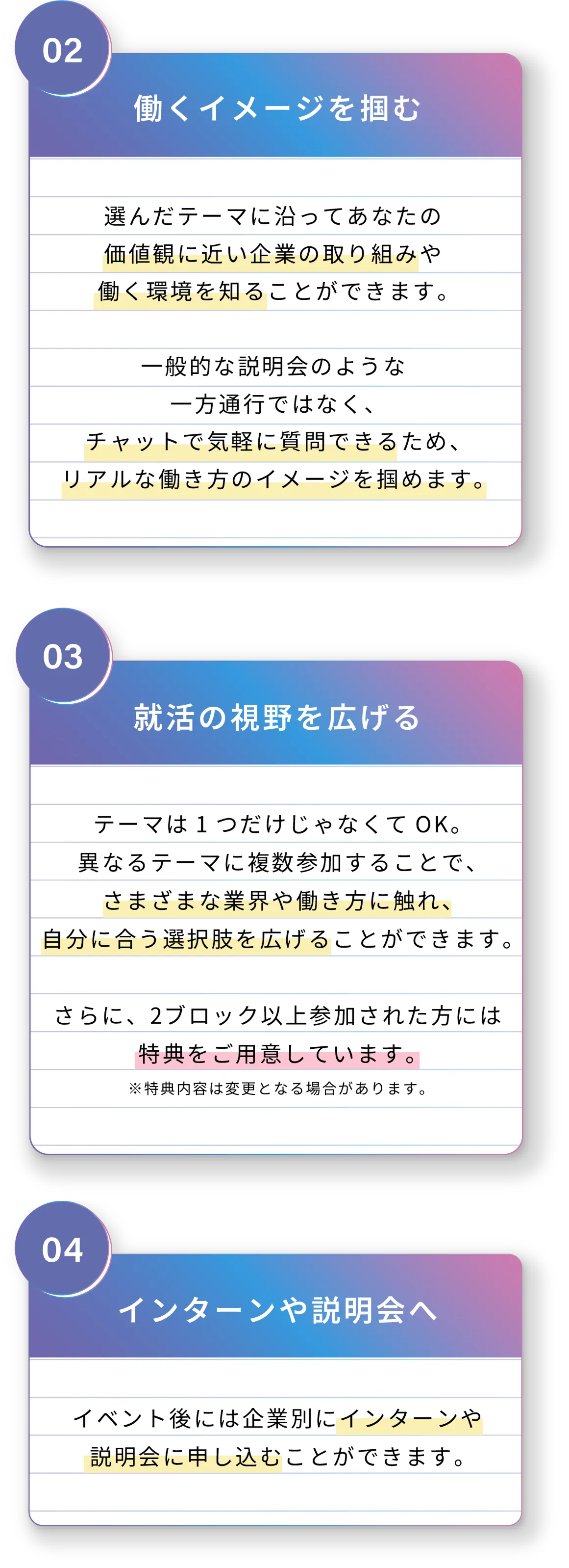 02.働くイメージを掴む 03.就活の視野を広げる 04.インターンや説明会へ